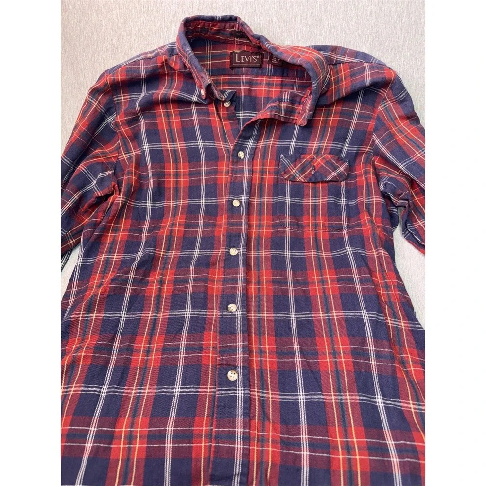 Levi's Men's Tailored Fit Plaid Flannel Shirt Red Blue Long Sleeve Button Up
